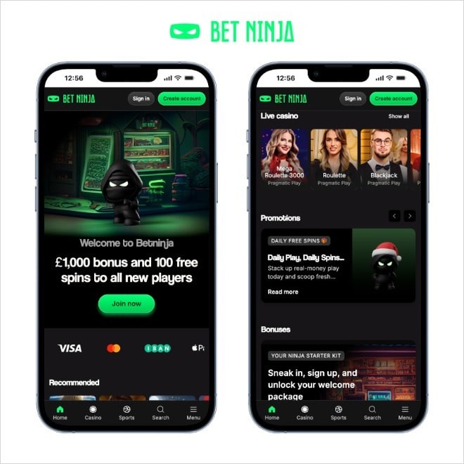 betninja screenshots on mobile on a white background